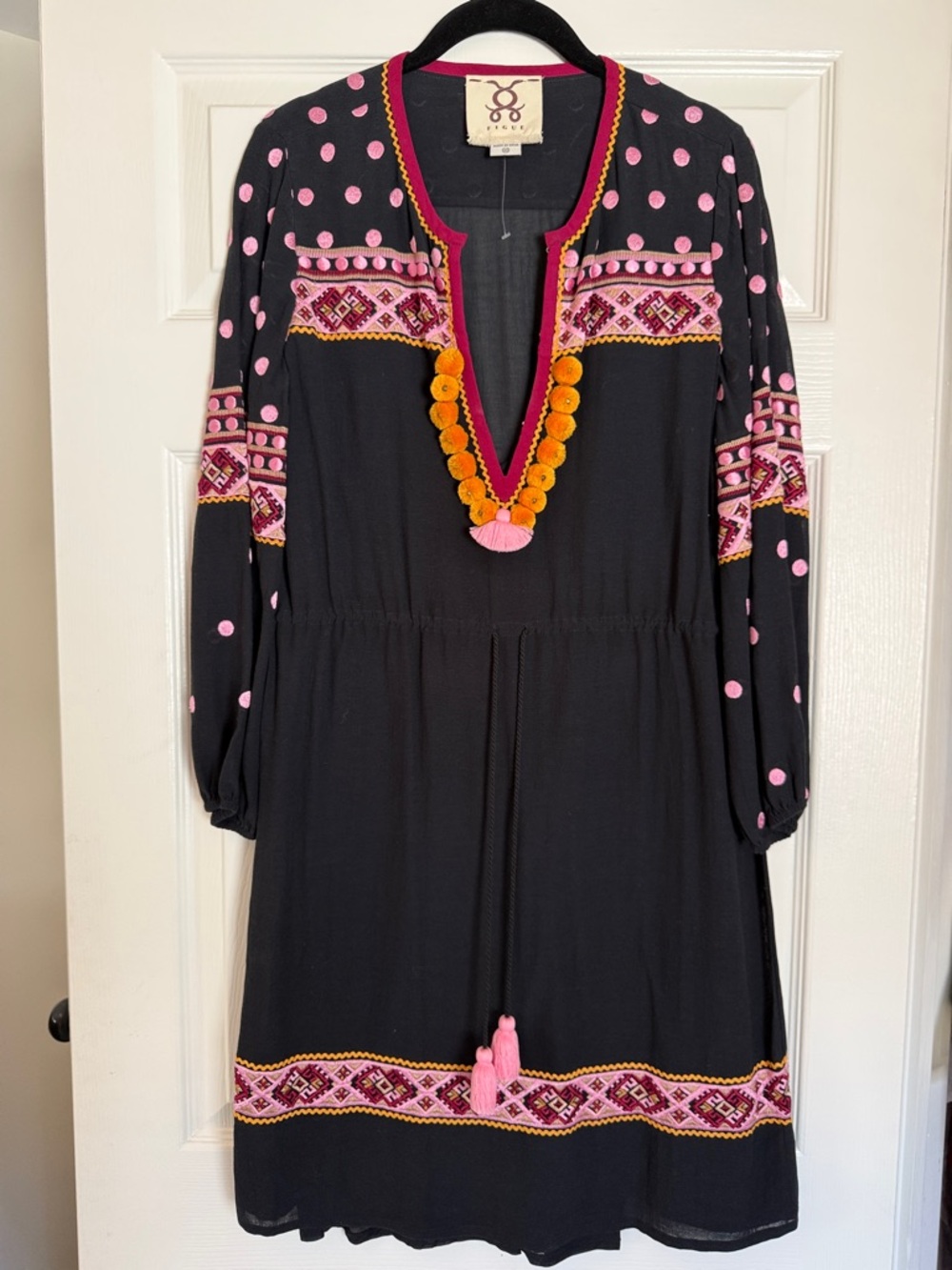 Unbranded Black Long-Sleeve Embroidered Pom-Pom Dress with Pink Accents